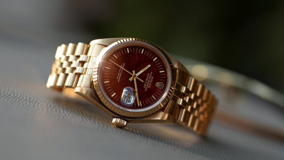 16018, Datejust, Mahogany Wood Dial, Yellow Gold