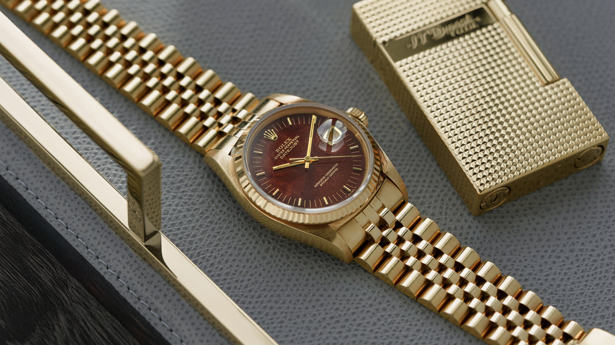 16018, Datejust, Mahogany Wood Dial, Yellow Gold