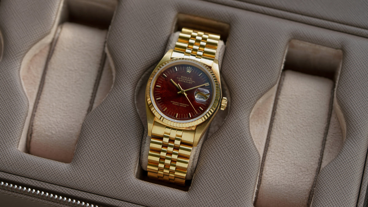 16018, Datejust, Mahogany Wood Dial, Yellow Gold