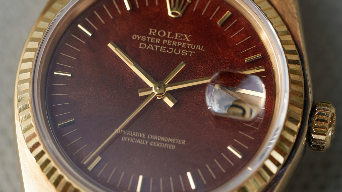 16018, Datejust, Mahogany Wood Dial, Yellow Gold