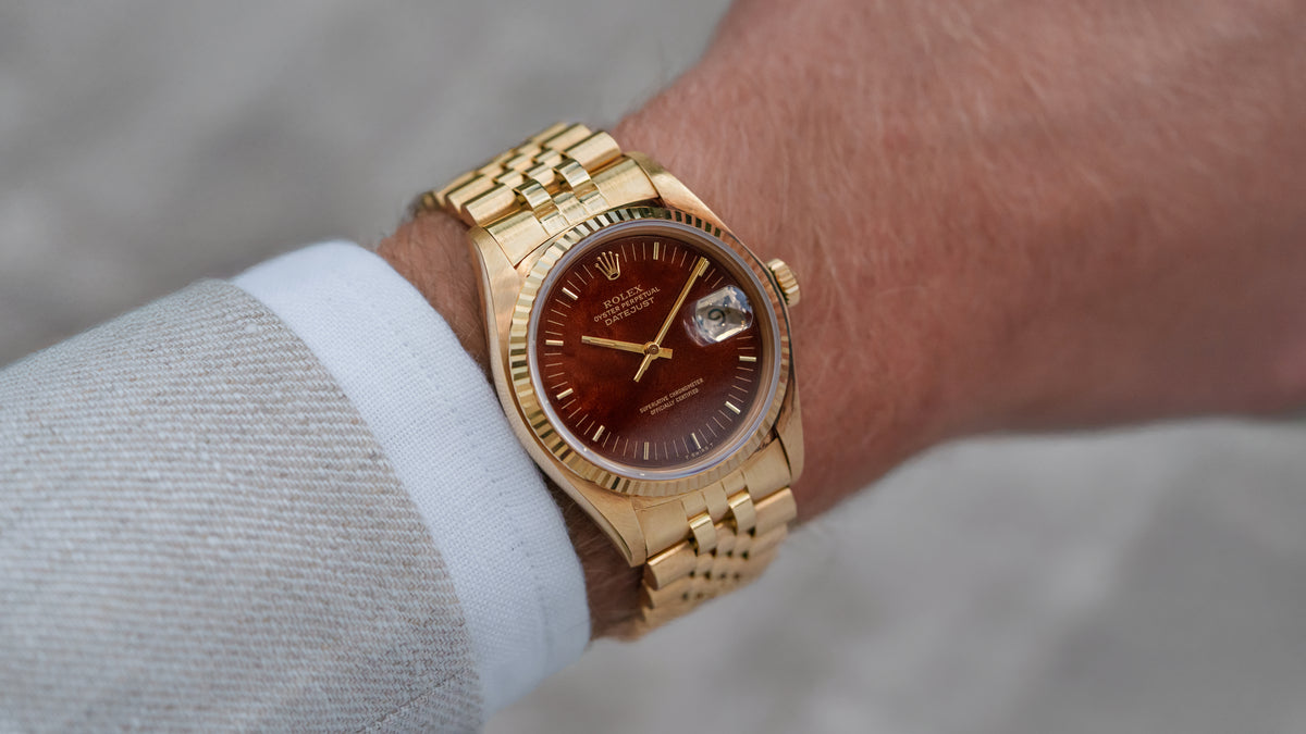 16018, Datejust, Mahogany Wood Dial, Yellow Gold