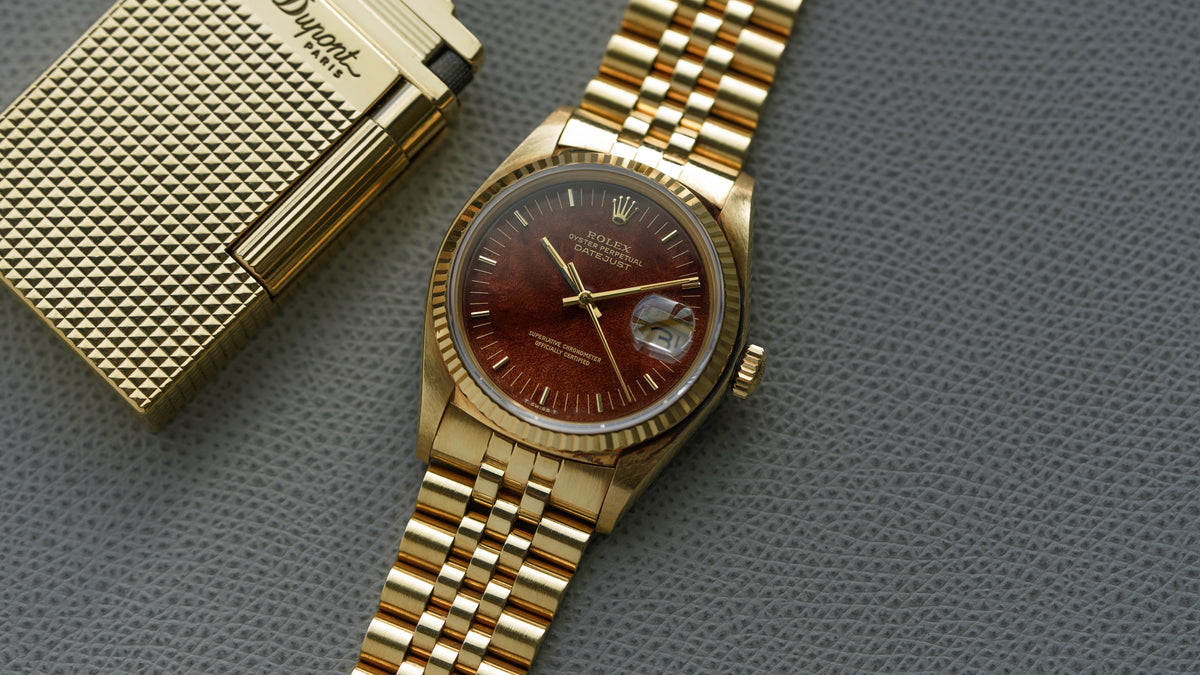 16018, Datejust, Mahogany Wood Dial, Yellow Gold