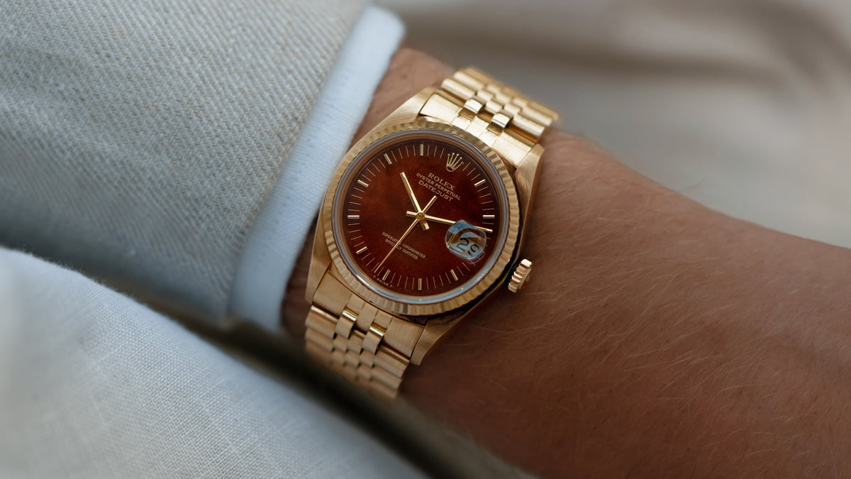 16018, Datejust, Mahogany Wood Dial, Yellow Gold