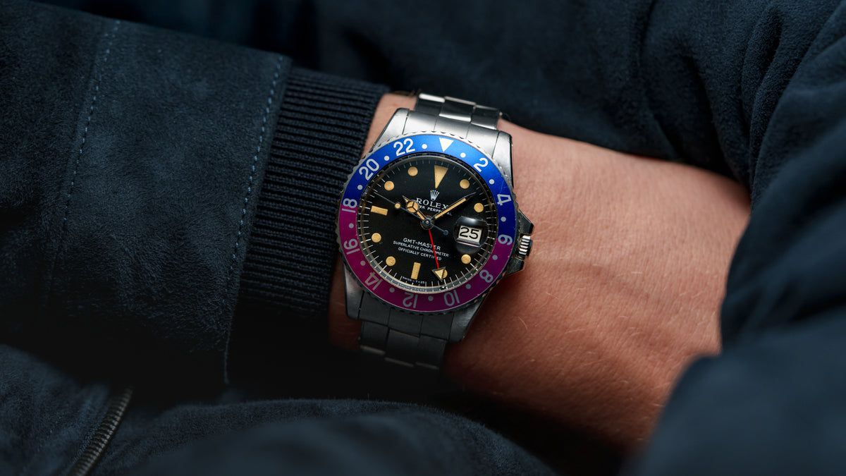 1675, GMT-Master, Fuchsia Bezel, Steel
