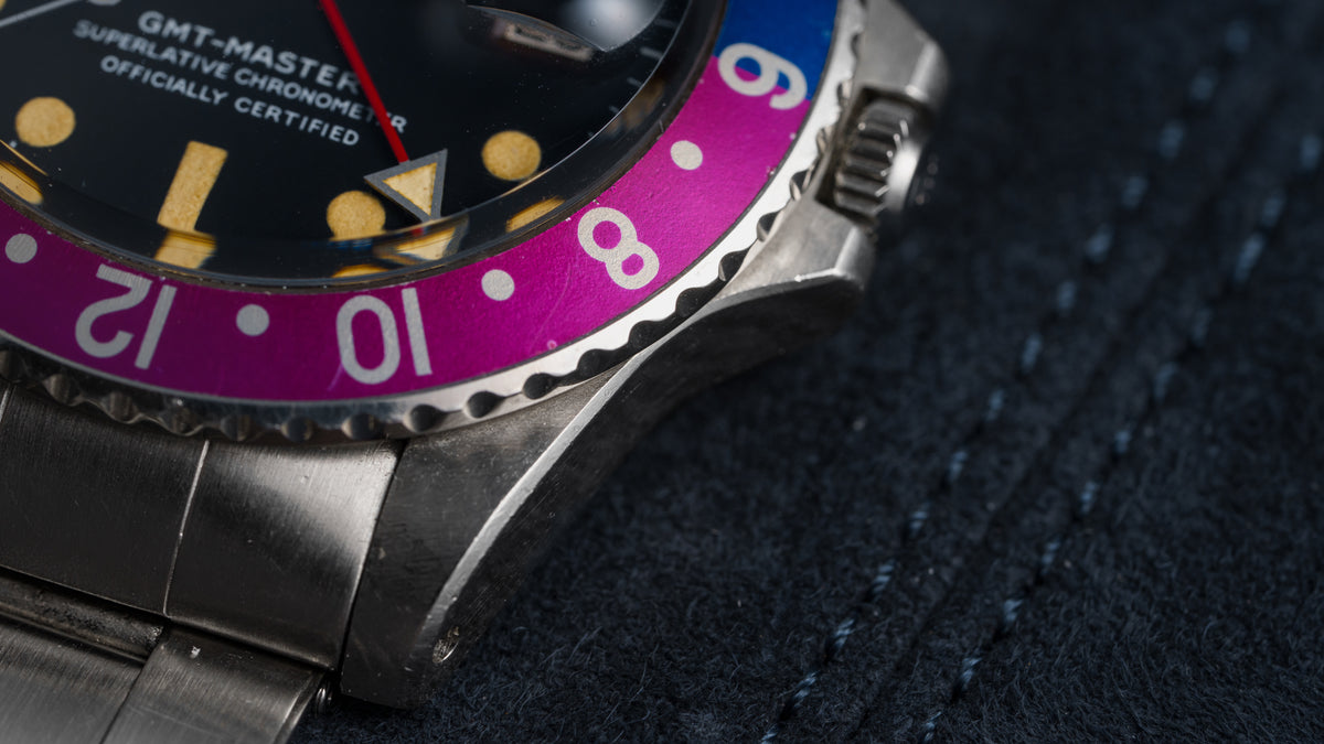 1675, GMT-Master, Fuchsia Bezel, Steel