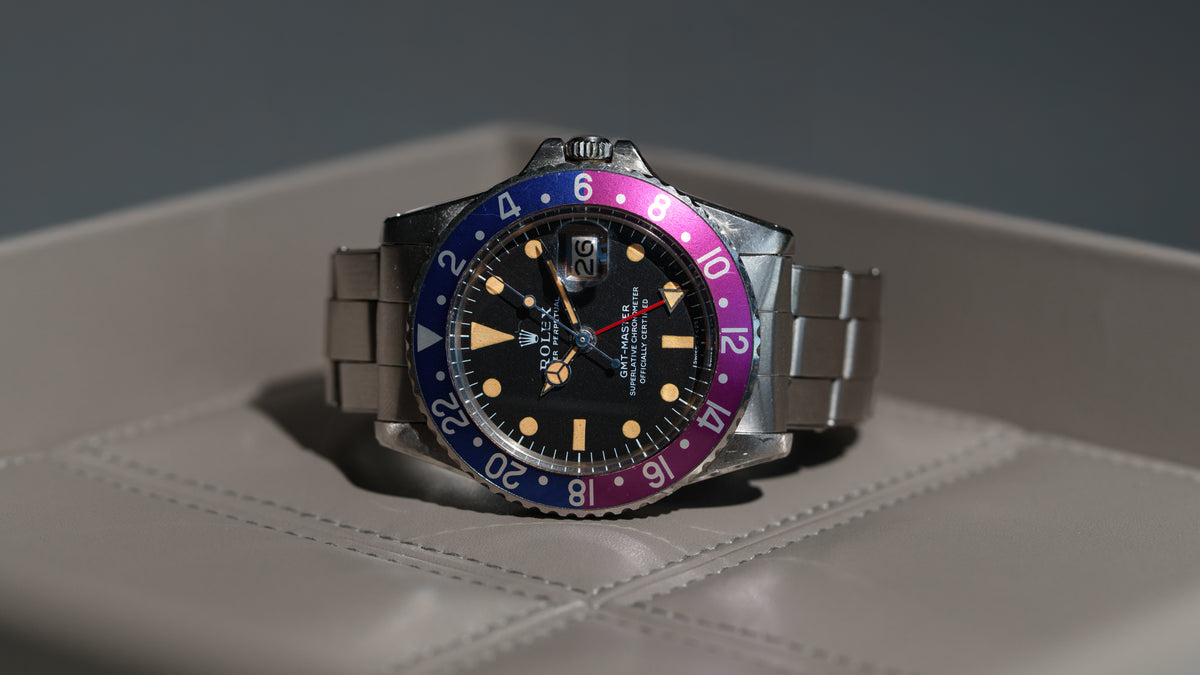 1675, GMT-Master, Fuchsia Bezel, Steel