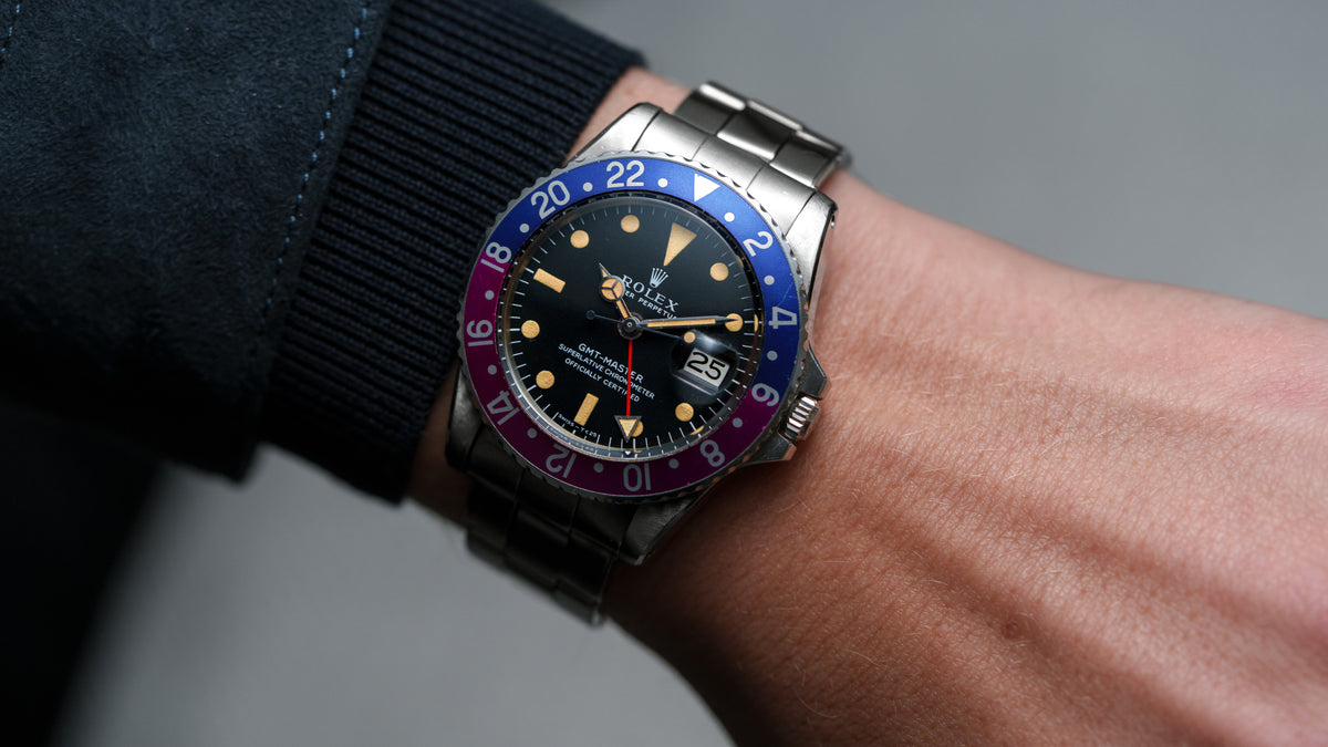 1675, GMT-Master, Fuchsia Bezel, Steel