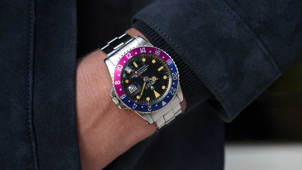 1675, GMT-Master, Fuchsia Bezel, Steel