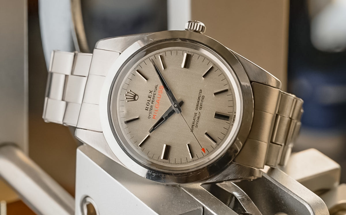 Hairspring article: Milgauss 1019 "CERN" silver dial; hour markers and hands carry black inserts instead of lume. · Photo: Hairspring · © Hairspring, used with permission · Source: https://hairspring.com/blogs/finds/cern-1019-rolex-milgauss